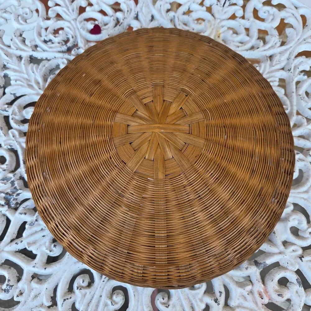 Vintage Chinese Style Sewing Basket Round Woven Wicker Rattan Lidded 10